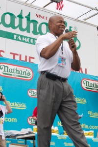 Borough President Eric Adams kicks off the Hot Dog Eating Contest in Coney Island.