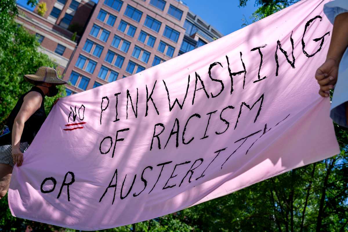 banner saying "No Pinkwashing of Racism or Austerity"
