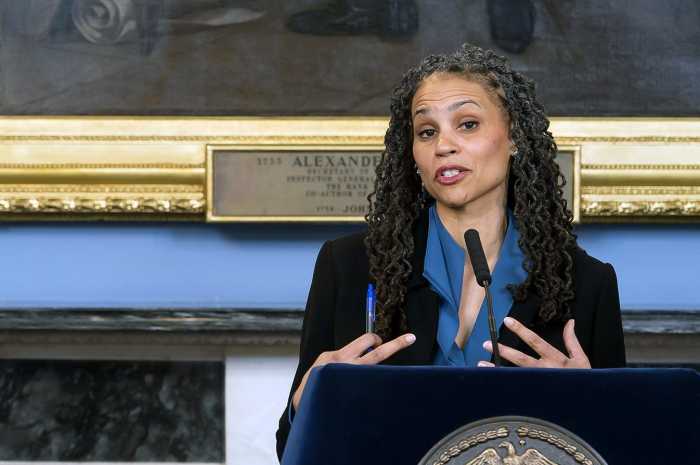 2021 Mayoral candidate Maya Wiley speaking on a podium