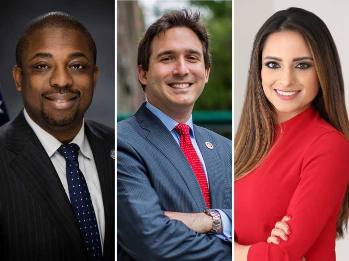 A montage of headshots of Brian Benjamin, Ben Kallos, and Jenifer Rajkumar