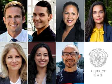 a montage of seven City Countil District 2 democratic candidates headshots (from left top to bottom right): Erik Bottcher, Phelan Dante Fitzpatrick, Marni Halasa, Aleta Lafargue, Leslie Boghosian Murphy, Council Member Carlina Rivera, and Arthur Schwartz