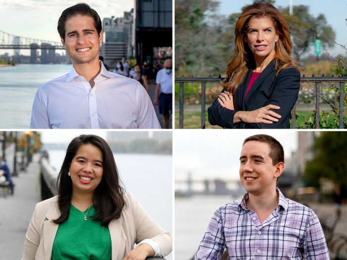 Top L-R: Billy Freeland (Photo source: billyfreeland.com), Julie Menin (Photo source: juliefornyc.com) Bottom L-R: Tricia Shimamura (Photo source: triciaforny.nyc), Christopher Sosa (Photo source: sosafornyc.com)