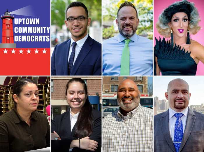 Uptown Community Democrats log with City Council District 7 candidates - Top L-R: Shaun Abreu (Photo source: Shaun Abreu for City Council fb page), Marti Gould Allen-Cummings (Photo source: martiformanhattan.com), Dan Cohen (Photo source: Dan Cohen for City Council fb page) Bottom L-R: Lena Melendez (Photo source: Ramon Anibal RV screen capture), Maria Ordoñez (Photo source: https://www.mariaordonez.nyc/), Corey Ortega (Photo source: Corey Ortega fb page), Ray Sanchez (Photo source: raysanchez4cd7.com)