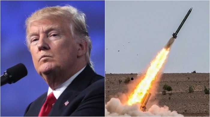 A profile of trump juxaposed with a missle launching