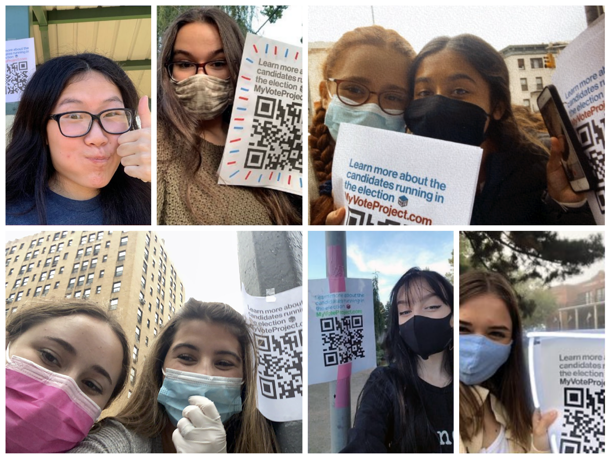 A colalge of individual studnets with their flyers that read "Learn more about candidates running in the election. MyVoteProject.com"