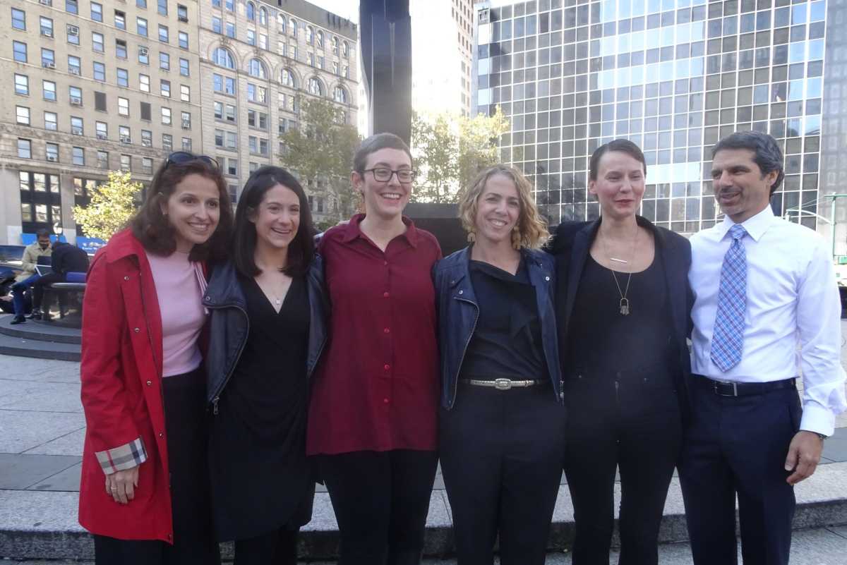 From Left to Right: Assemblywoman Aravella Simotas, Congressional Candidate Erica Vladimer, Survivor Marissa Hoechstetter, Survivor Dayna Solomon, Survivor Alison Turkos, and Attorney Anthony DiPietro (Photo by William Engel)