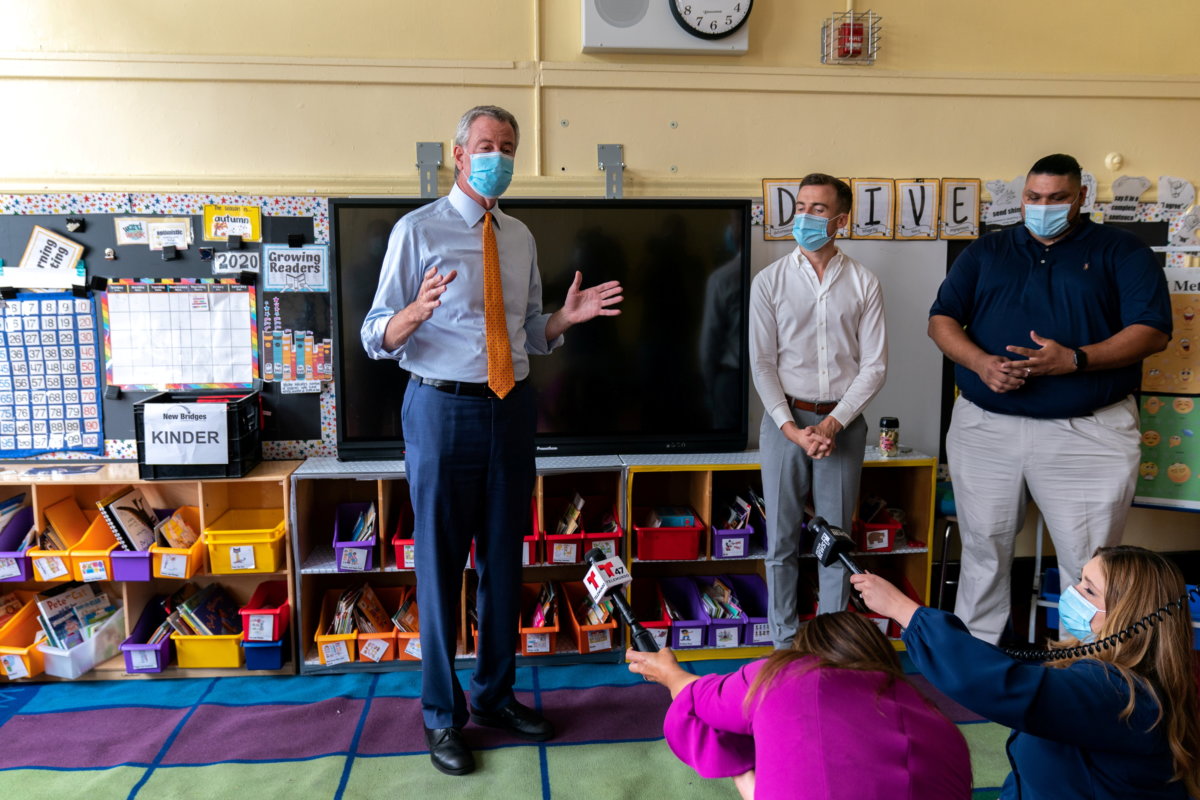 FILE PHOTO: Mayor de Blasio and Chancellor Carranza tour New Bridges Elementary School ahead of schools reopening